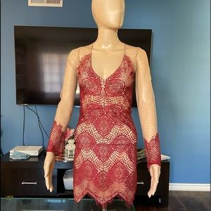 Lace illusion nude dress long sleeve perfect for cocktail or night out